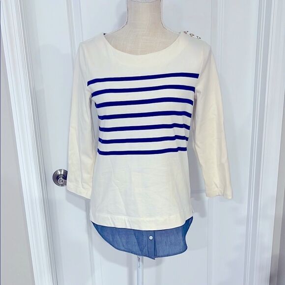 Talbots Cream and Blue Asymmetrical Nautical Blouse with shirt Tails - Picture 1 of 9